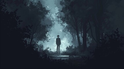 Mysterious Figure Standing in a Misty, Moonlit Forest - Haunting, Atmospheric Nighttime Scenery
