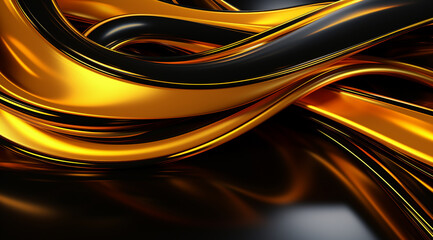 Abstract background of vibrant yellow liquid metal with waves and stars, dark silver, and black colors