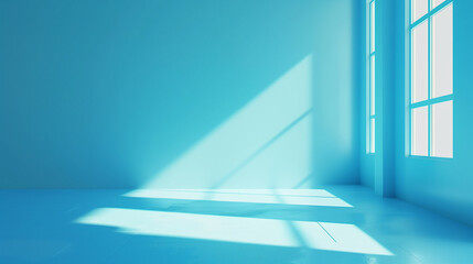 Obraz premium Minimalist blue room with sunlight casting sharp shadows. Minimal modern design. Empty copy space. Generative AI