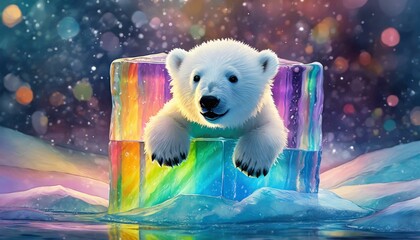Polar Bear cub in a rainbow ice cube
