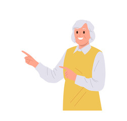 Old elderly smiling woman isolated cartoon character pointing aside with index finger hand gesture