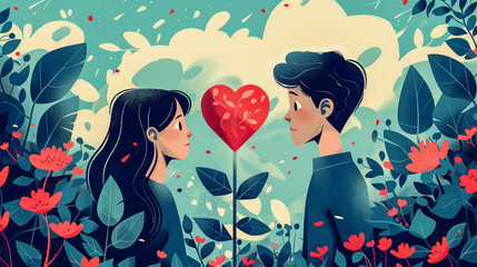 Fototapeta premium Romantic Valentine's Day Illustration of Young Couple Surrounded by Heart Shapes and Red Flowers in a Dreamy Forest