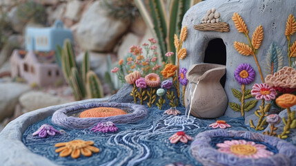 Miniature Fairy Garden Scene: Delicate Floral Embroidery and Handmade Clay Pottery