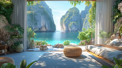 Fototapeta premium A beautiful view of the ocean is shown in a room with a large window