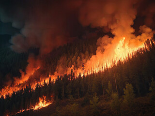 Forest fire at night. Natural disaster, flames destroy the forest. Fiery glow over the fire top view.