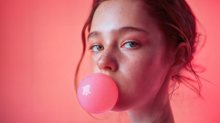 Young girl blowing a pink bubble with bubble gum against a pink backdrop