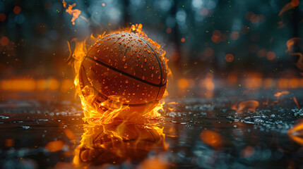 basketball ball on the court with flames
