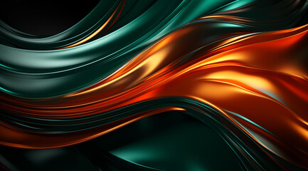 Abstract background of fiery orange liquid metal with waves and stars, dark silver, emerald, and black colors