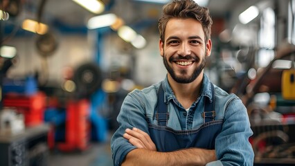 Portrait of a cheerful young male mechanic in an auto repair service garage. Concept Automotive Portraits, Smiling Mechanic, Garage Setting, Young Technician, Industrial Background