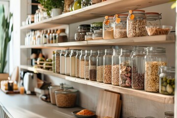 Elegant modern kitchen with jars of organic grains and seeds on shelves, focus on pantry organization
