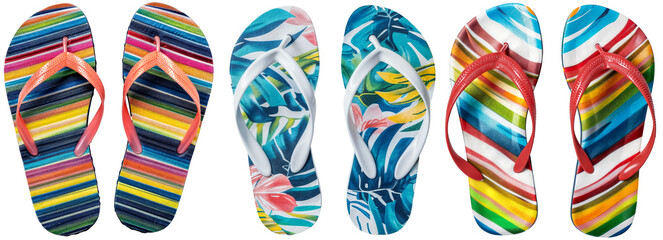 Collection of three pairs of colourful flip-flop sandals with a summer pattern, isolated on a white background