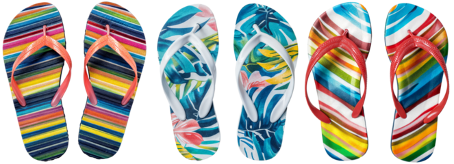 Collection of three pairs of colourful flip-flop sandals with a summer pattern, isolated on a white background