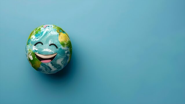 Earth character laughing on blue background for Earth Day and World Laughter Day. Concept Earth Day, World Laughter Day, Earth character, Blue background, Laughter, Global awareness