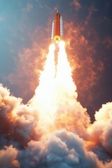 3D animation of a rocket launch from within a computer, detailed engine flare and digital debris