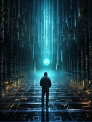 Binary world. A man in a black hoodie stands in a digital world.