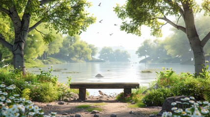 A bench is placed by a river with a view of trees and birds flying