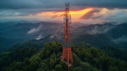 Telecommunication tower in boondocks remote area with forest and mountain background for telecommunication infrastructure concept.