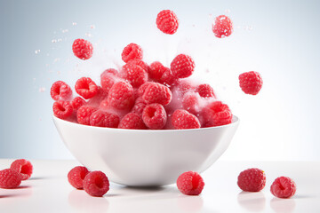 Fresh Raspberries Exploding from a White Bowl on a Light Blue Background: Vibrant, Juicy, and...