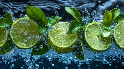 Wide panoramic fruit juice cafe background photo with real set of lime pieces exploding with water...