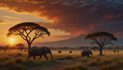 Oil painting: A panoramic view of an African savanna at sunset, with a diverse array of wildlife, including elephants, lions, and giraffes, gathered around a watering hole, and acacia trees