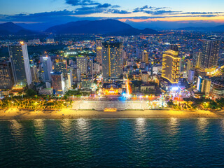 The coastal city of Nha Trang seen from above in the afternoon with its beautiful city and clean...