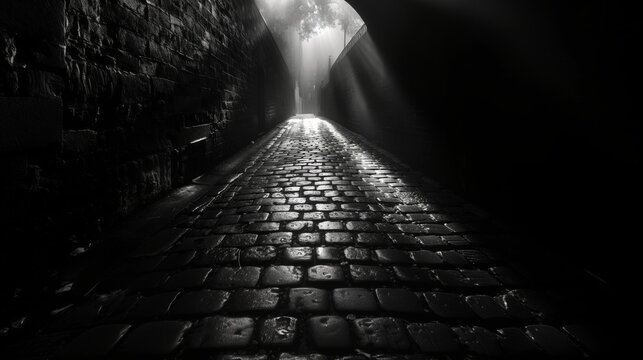 Fototapeta Black and white photo of a narrow, mysterious alleyway illuminated by light rays