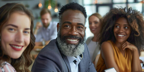 Fototapeta premium Portrait of a cheerful African American man with a beard smiling at the camera surrounded by a group of people