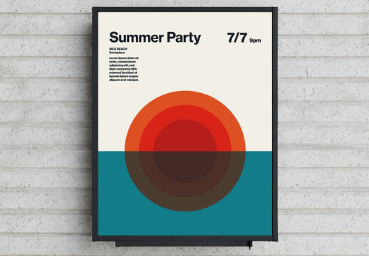 Summer Party Poster with Sun Setting in Ocean