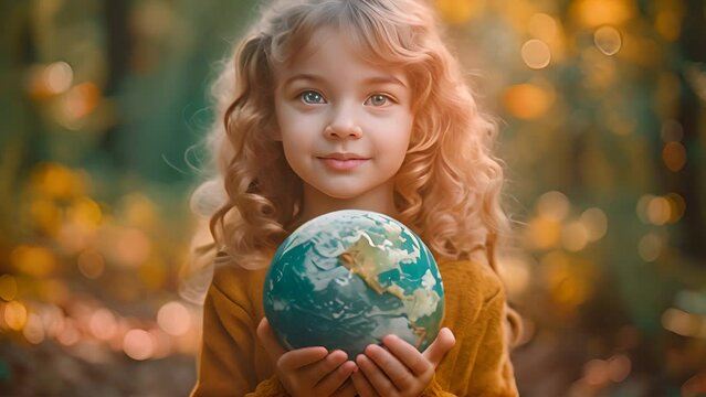 A young girl environmentalist holding the planet earth, save world concept, generative ai