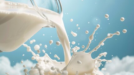 A jug of milk magically floating, milk pouring out and forming a splash against a sky blue background, - obrazy, fototapety, plakaty