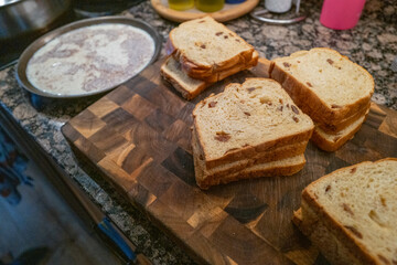 French toast on the table counter before getting fried