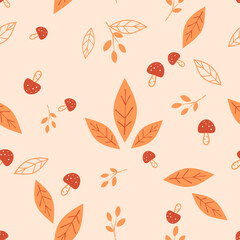 Seamless pattern with Autumn leaves, branch and red mushroom on orange background vector.
