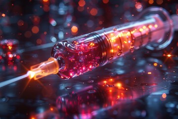 Pink cells and viruses are targeted by a medical syringe as it administers a vaccine to fight infection.