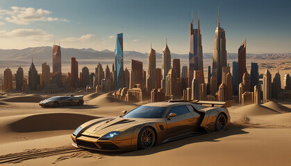 Sand painting: A futuristic city, featuring sleek, modern buildings and high-tech vehicles, all...