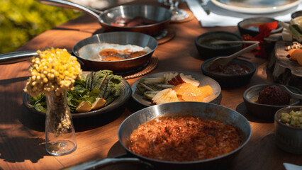 Breakfast, Turkish breakfast, breakfast from above on the table with a wide variety of ingredients. breakfast spread