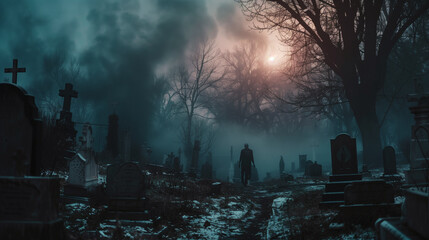 zombie on a cemetery at night in winter