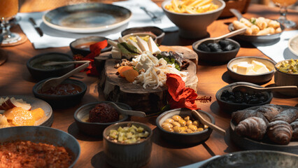 Breakfast, Turkish breakfast, breakfast from above on the table with a wide variety of ingredients. breakfast spread