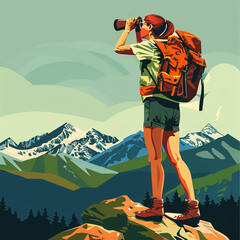 Hiker in mountains. Hiker with backpack and binoculars in mountains. Flat illustration