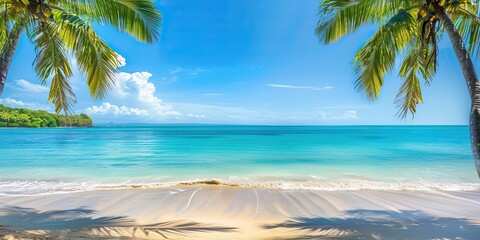 White sand with palm trees and emerald sea. A heavenly place to relax. Luxurious tropical landscape. Beautiful exotic summer beach background for design.