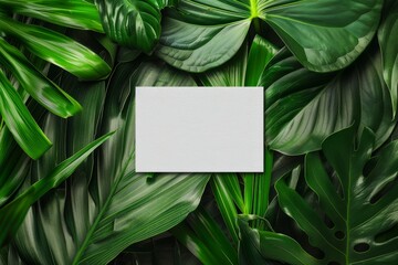 business card mockup on a botanical background with exotic leaves 