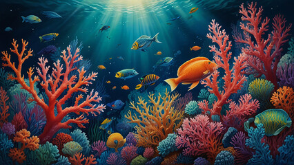 Silk painting: A captivating, underwater scene, with a lush coral reef, diverse marine life, and a sense of depth and fluidity,