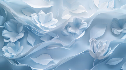 3D wave paper cut flowers layered in bluish white for banner or website backgrounds