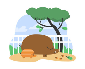 Wild boar with baby under the oak tree, cartoon wild life animals behind the fence in zoo park or reserve flat vector
