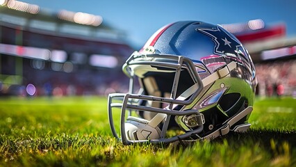 American football helmet on grass in front of stadium with copy space. Concept Sports photography, American football, Stadium background, Grass field, Copy space