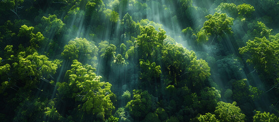  A lush forest canopy seen from above, with sunlight filtering through the trees and creating...