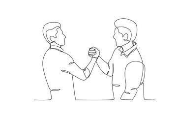 Single continuous line drawing of young two friends shaking hands. Business agreement celebration concept continuous line graphic draw design vector illustration

