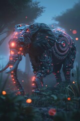 Create a robotic elephant walking gracefully through a misty, neon-lit savanna at dusk, its intricate gears visible Enhance the scene with glowing fireflies weaving magical patterns around it