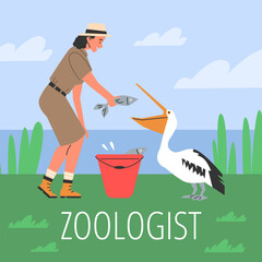 Vector flat illustration of a zoologist girl feeding a white pelican with fresh fish