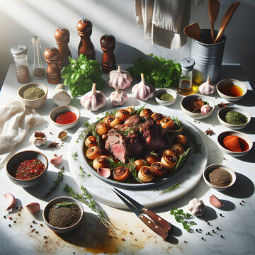 Xai Rostit with Roasted Lamb on Marble Counter