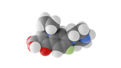 ciprofloxacin molecule, fluoroquinolone antibiotic, molecular structure, isolated 3d model van der Waals